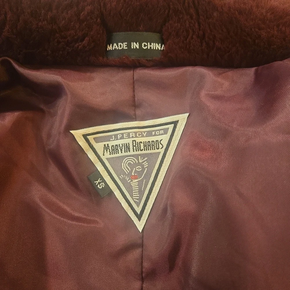 VTG 90s Burgundy Rabbit Fur Retro Pea Coat Womens XS - Picture 7 of 9